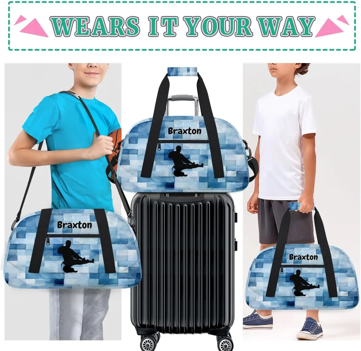 Personalized Gym Bag for Boys, Custom Sport Gym Taekwondo Silhouette Cheerleading Duffel Bag Weekender Fitness Bags Travel Duffel Bag, Taekwando Watercolor Blue Geometric Square