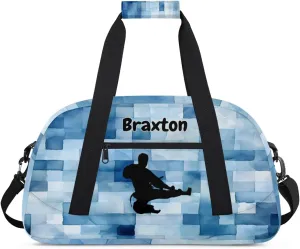 Personalized Gym Bag for Boys, Custom Sport Gym Taekwondo Silhouette Cheerleading Duffel Bag Weekender Fitness Bags Travel Duffel Bag, Taekwando Watercolor Blue Geometric Square