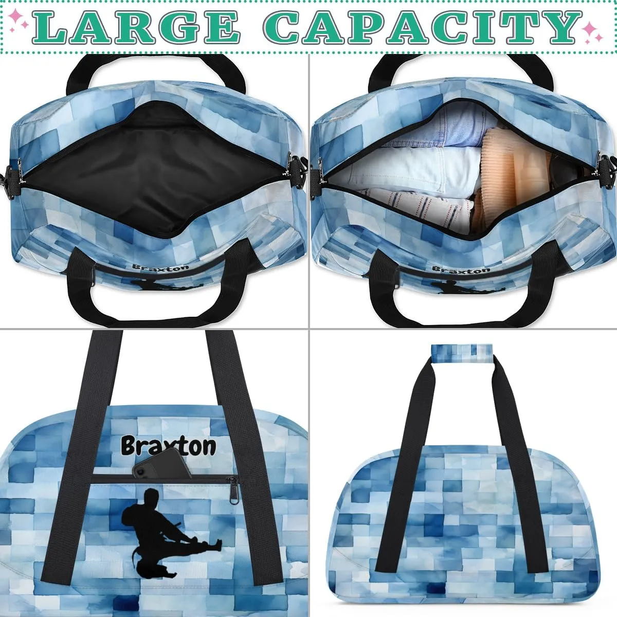 Personalized Gym Bag for Boys, Custom Sport Gym Taekwondo Silhouette Cheerleading Duffel Bag Weekender Fitness Bags Travel Duffel Bag, Taekwando Watercolor Blue Geometric Square