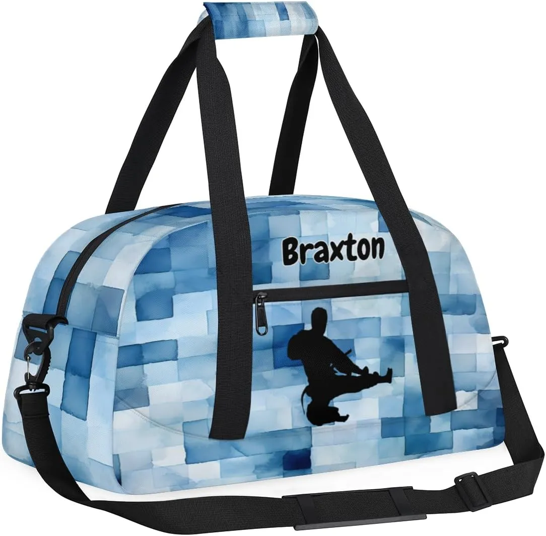 Personalized Gym Bag for Boys, Custom Sport Gym Taekwondo Silhouette Cheerleading Duffel Bag Weekender Fitness Bags Travel Duffel Bag, Taekwando Watercolor Blue Geometric Square