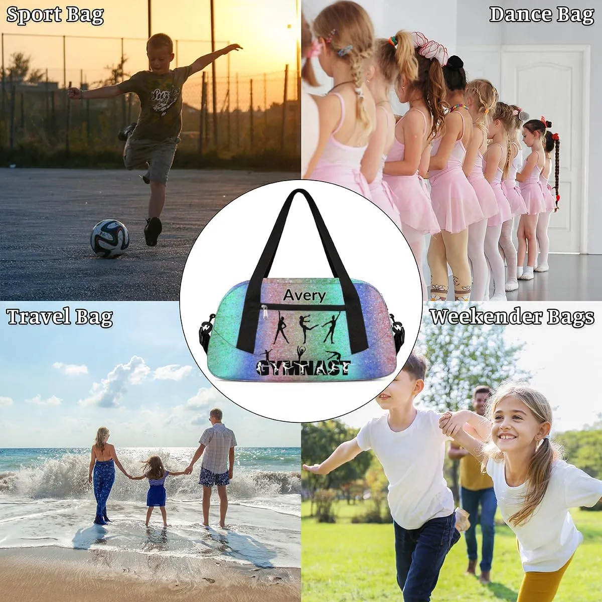 Personalized Gymnast Bag for Girl, Sport Duffel Bag Dance Bag Customized Travel Duffle Bag with Name Overnight Weekender Bag Perform Cheer Bag, Green Blue Coloful Bling Glitters