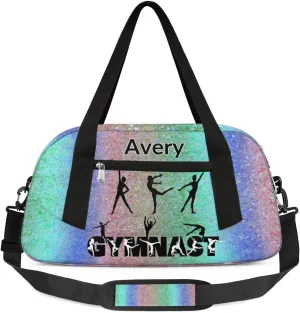 Personalized Gymnast Bag for Girl, Sport Duffel Bag Dance Bag Customized Travel Duffle Bag with Name Overnight Weekender Bag Perform Cheer Bag, Green Blue Coloful Bling Glitters