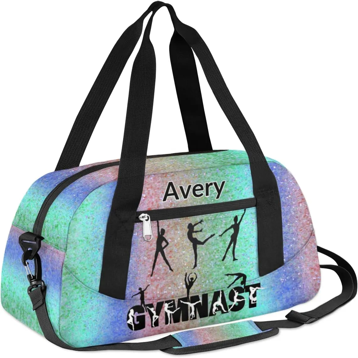 Personalized Gymnast Bag for Girl, Sport Duffel Bag Dance Bag Customized Travel Duffle Bag with Name Overnight Weekender Bag Perform Cheer Bag, Green Blue Coloful Bling Glitters