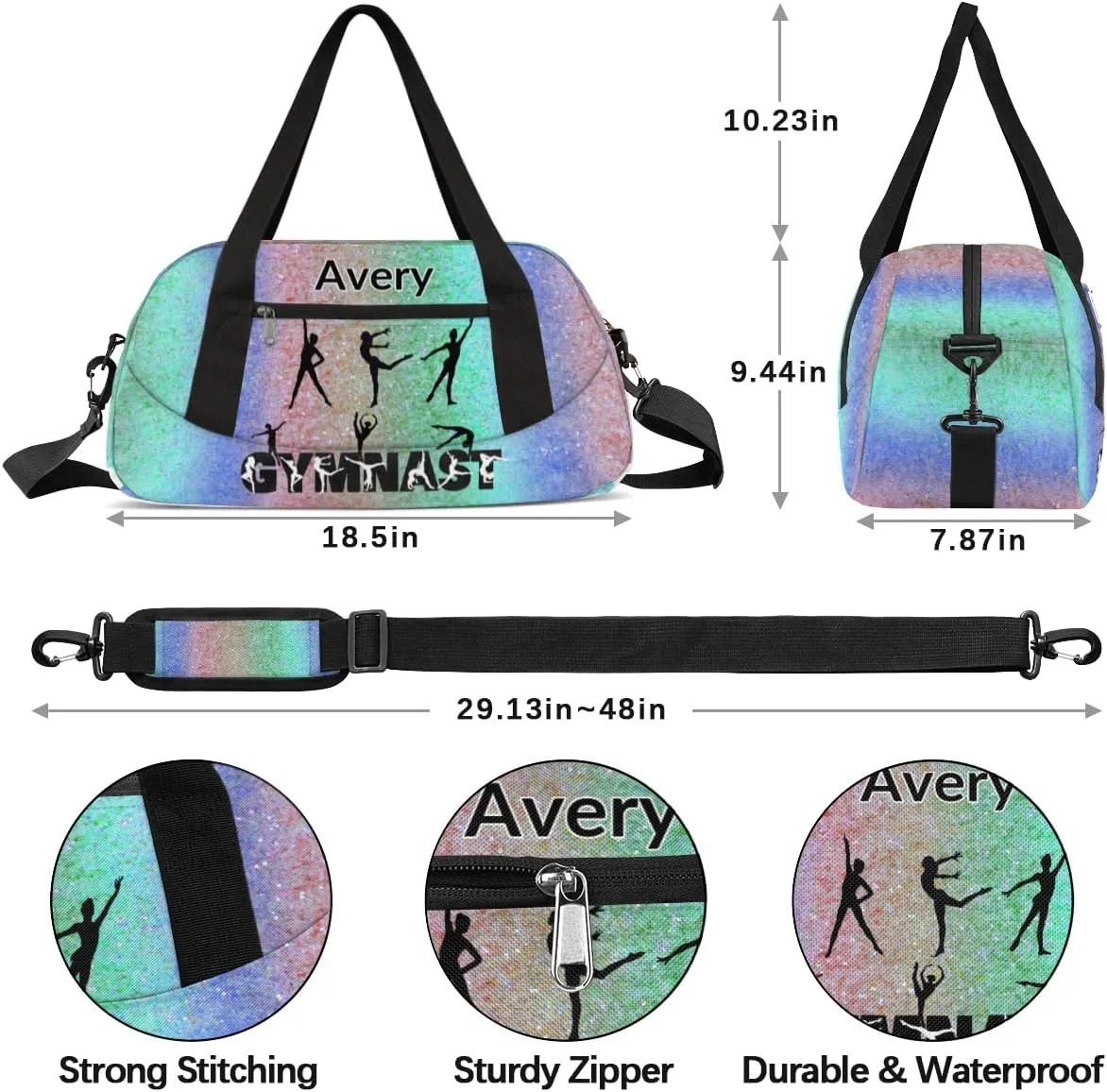 Personalized Gymnast Bag for Girl, Sport Duffel Bag Dance Bag Customized Travel Duffle Bag with Name Overnight Weekender Bag Perform Cheer Bag, Green Blue Coloful Bling Glitters