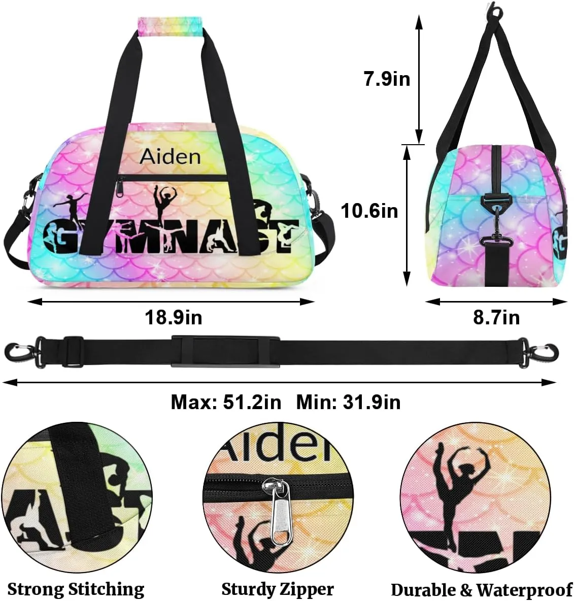 Personalized Gymnast Bag Girls, Custom Name Carry On Weekender Gymnastics Dance Bag for Women Travel Business Trip, Colorful Mermaid Pattern