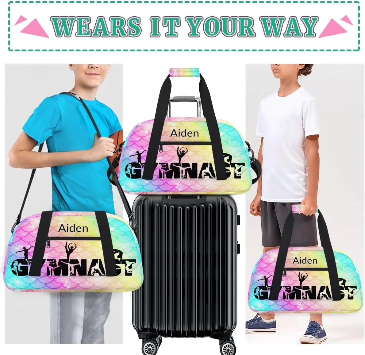 Personalized Gymnast Bag Girls, Custom Name Carry On Weekender Gymnastics Dance Bag for Women Travel Business Trip, Colorful Mermaid Pattern