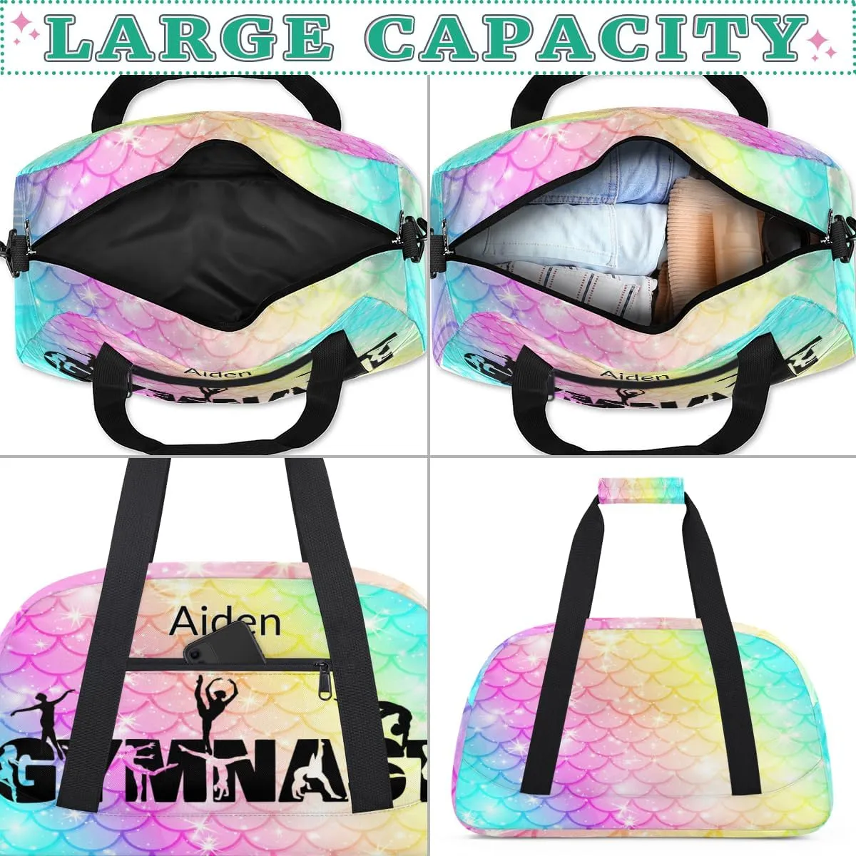 Personalized Gymnast Bag Girls, Custom Name Carry On Weekender Gymnastics Dance Bag for Women Travel Business Trip, Colorful Mermaid Pattern