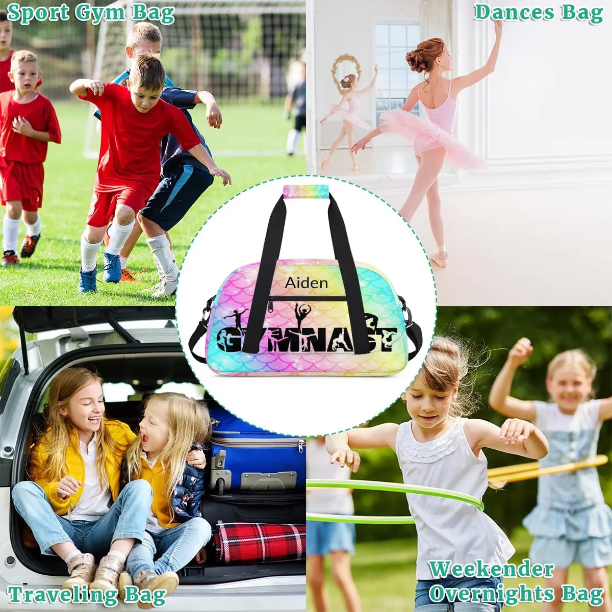 Personalized Gymnast Bag Girls, Custom Name Carry On Weekender Gymnastics Dance Bag for Women Travel Business Trip, Colorful Mermaid Pattern