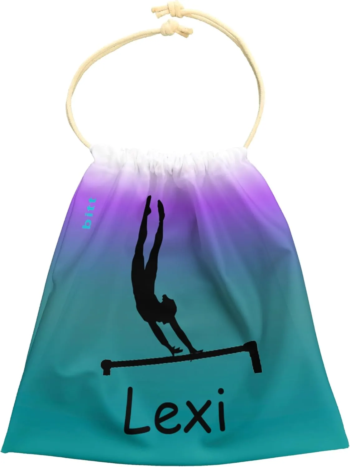 Personalized Gymnastics Grip Bag with Gymnast on Bars in Ombre Colors - Customized Bag with Crystals Option Drawstring Bag