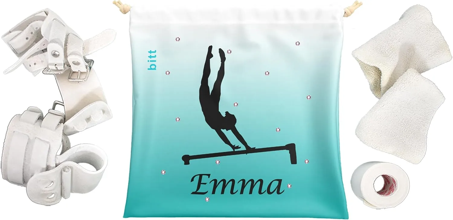 Personalized Gymnastics Grip Bag with Gymnast on Bars in Ombre Colors - Customized Bag with Crystals Option Drawstring Bag
