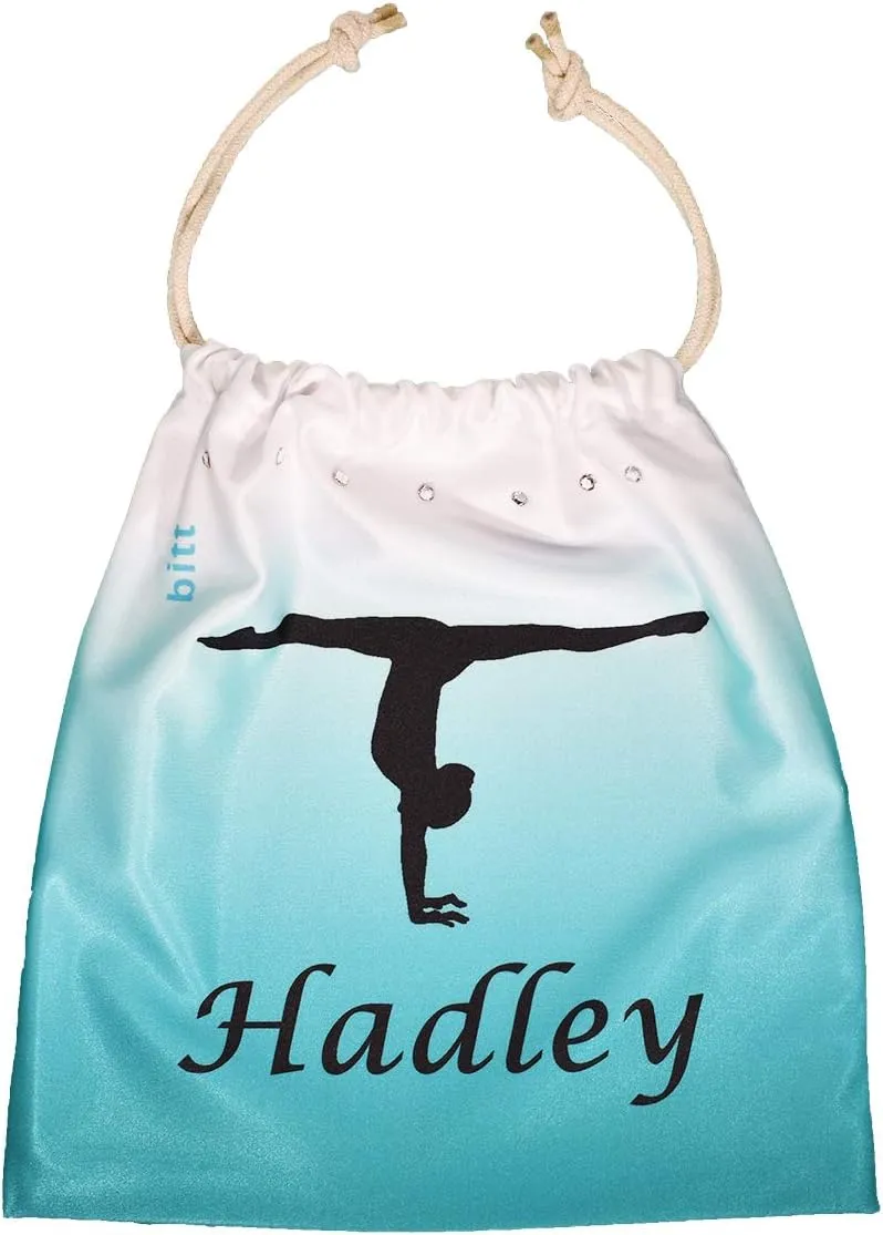 Personalized Gymnastics Grip Bag with Split Handstand Variation in Ombre Colors - Customized Bag with Swarovski Crystals Option (Teal Ombre)