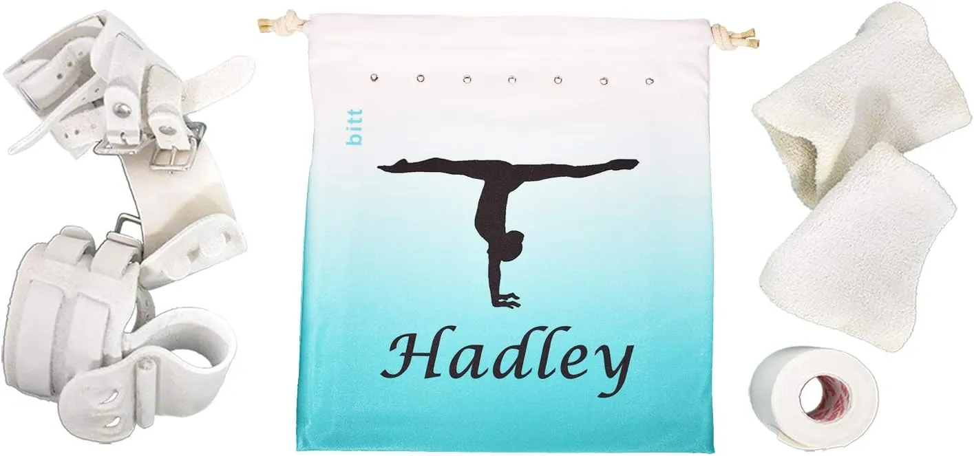 Personalized Gymnastics Grip Bag with Split Handstand Variation in Ombre Colors - Customized Bag with Swarovski Crystals Option (Teal Ombre)