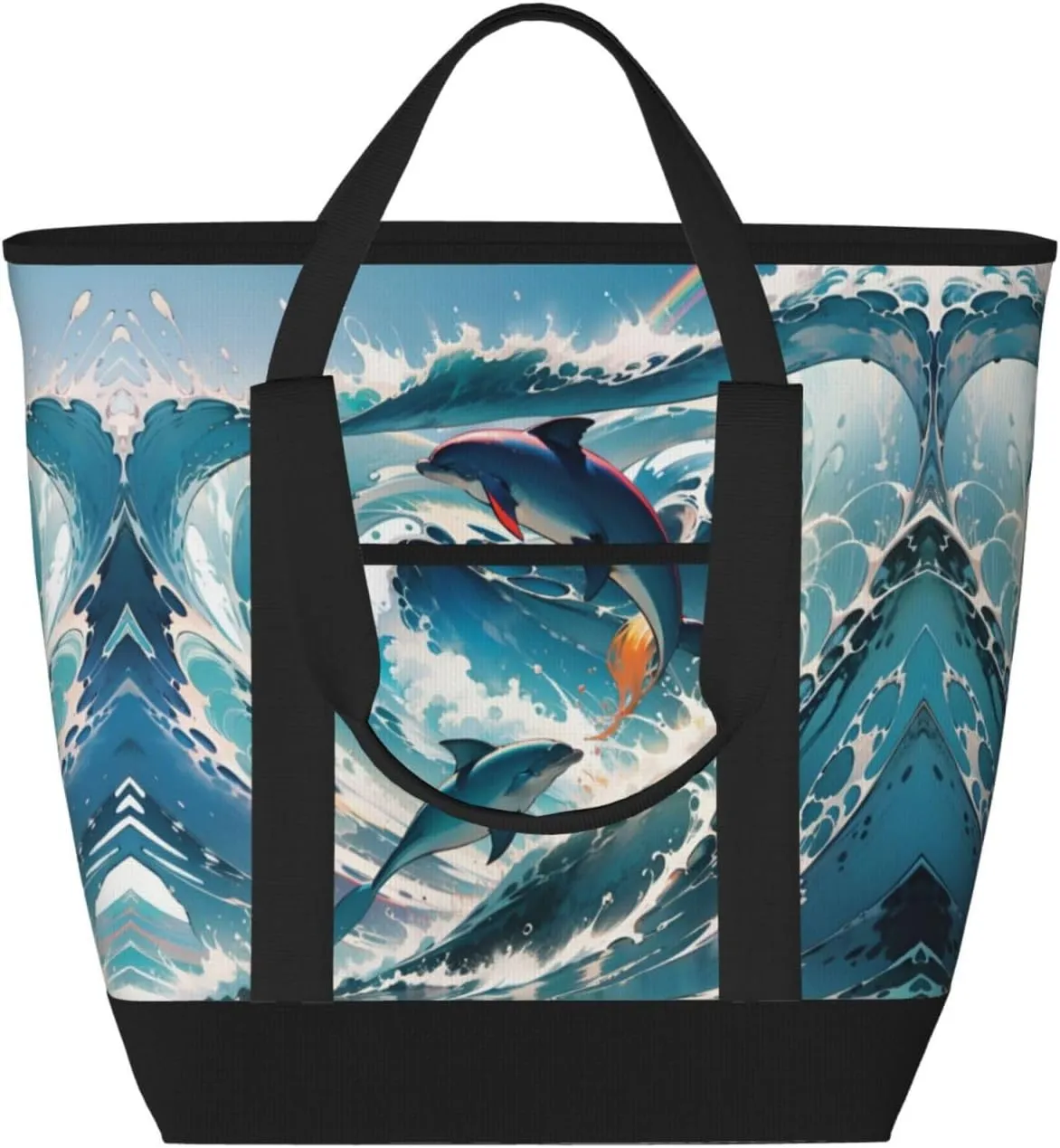 Personalized Insulated Tote Bags for Women with Zipper, Custom Large Capacity Casual Shoulder Handbags, Customized Cooler Shopping Grocery Travel Lunch Bag, Dolphins Leap Out Sea