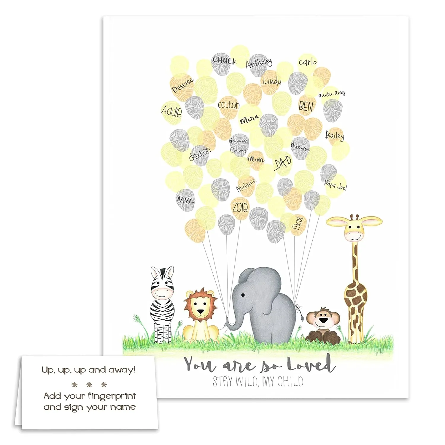 Personalized Jungle Safari Animal Fingerprint Poster with Jungle Animals Holding Balloon Strings, Unframed, Jungle Safari Baby Shower Guestbook Alternative