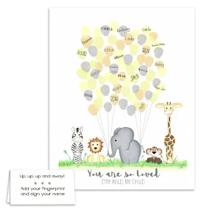Personalized Jungle Safari Animal Fingerprint Poster with Jungle Animals Holding Balloon Strings, Unframed, Jungle Safari Baby Shower Guestbook Alternative