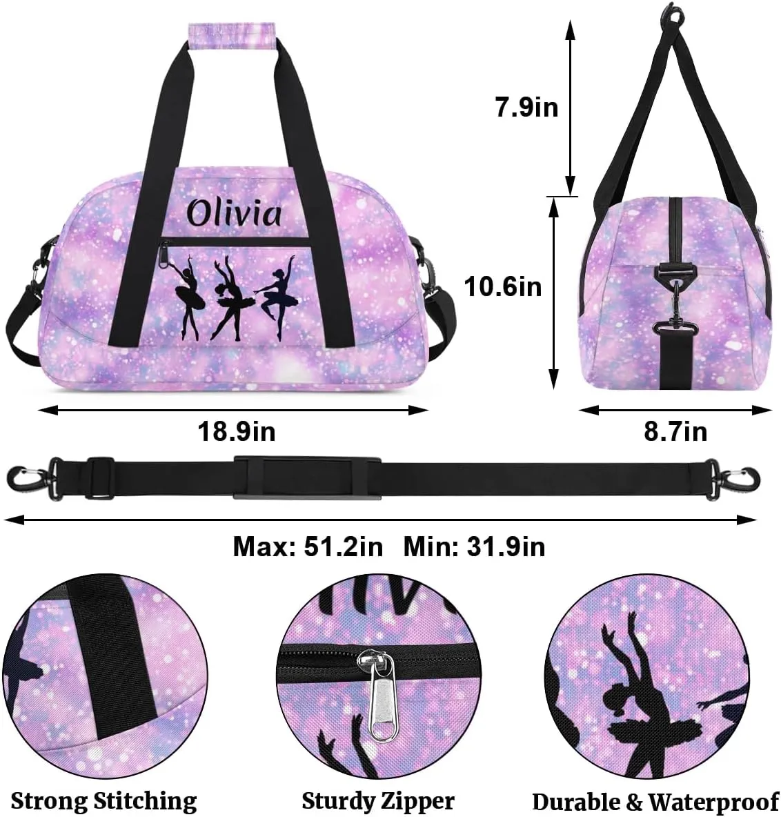 Personalized Kids Duffle Bag Dance Bag for Girls, Custom Sport Gym Bag with Name, Fit School Practice, or Overnight Weekender Travel Glitter Tie Dye