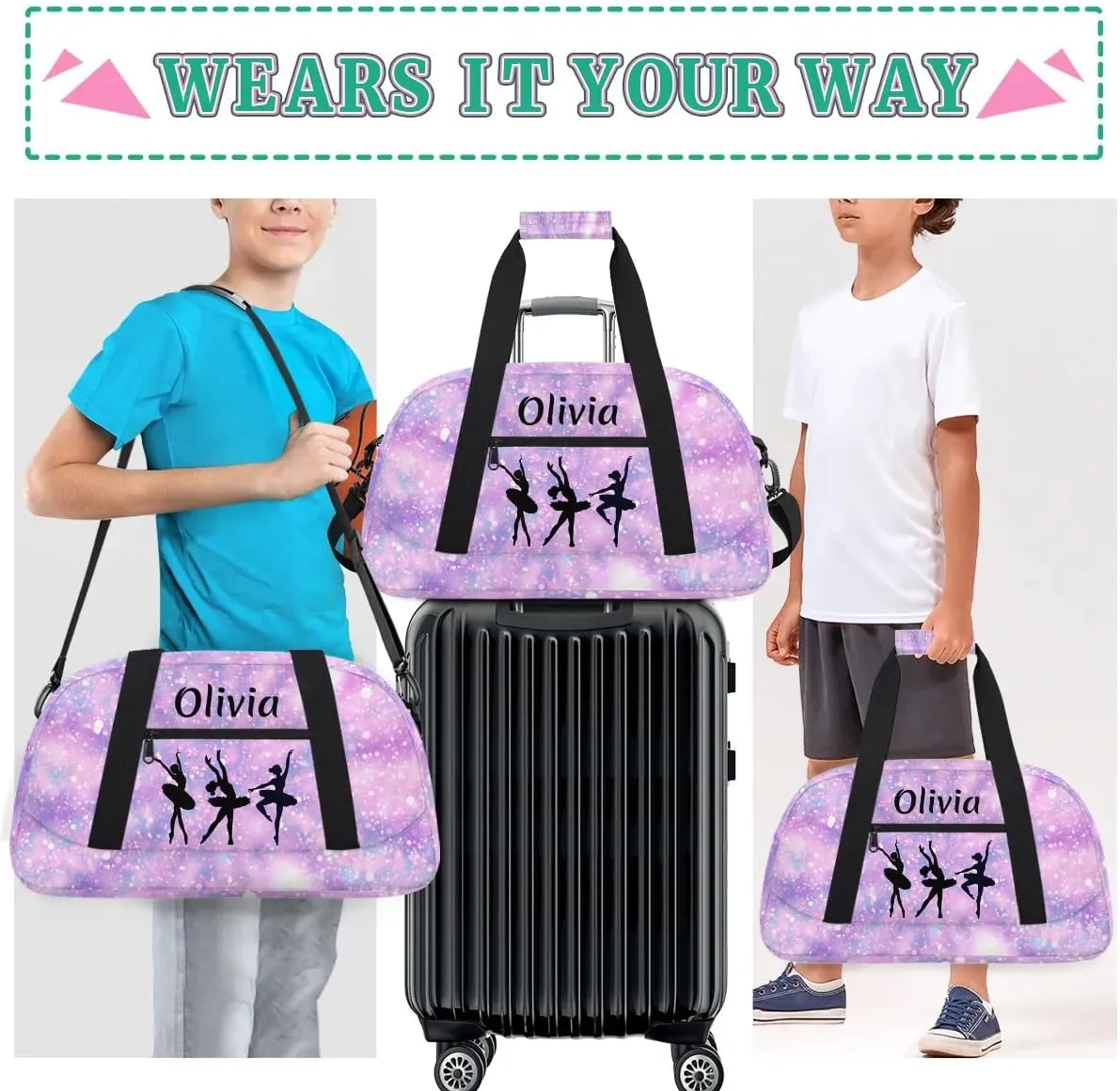 Personalized Kids Duffle Bag Dance Bag for Girls, Custom Sport Gym Bag with Name, Fit School Practice, or Overnight Weekender Travel Glitter Tie Dye