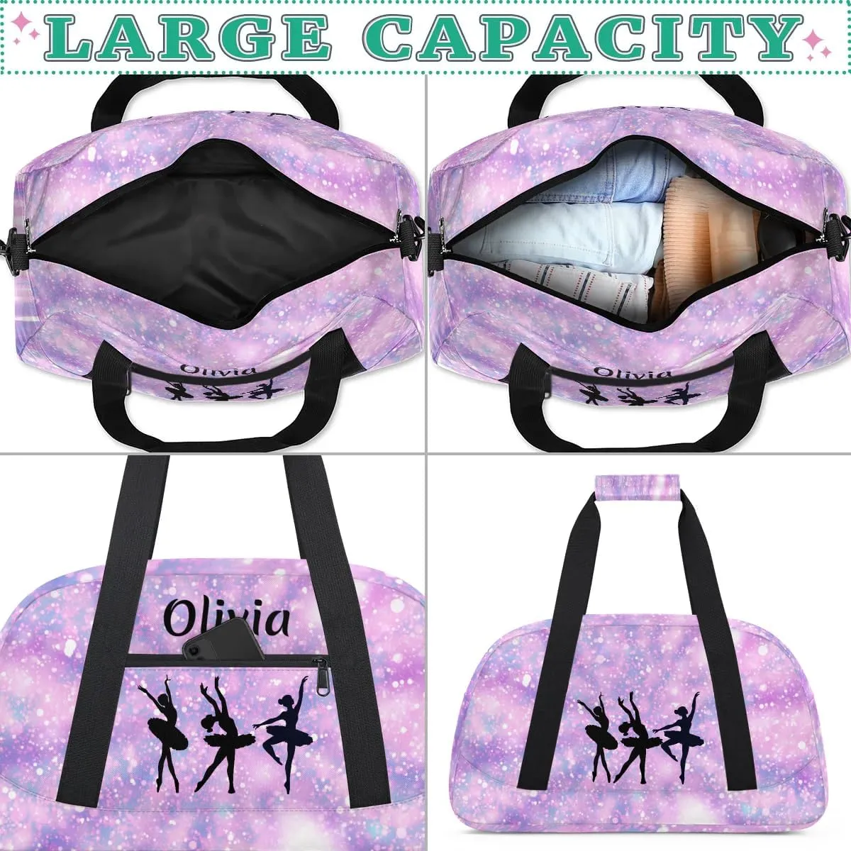 Personalized Kids Duffle Bag Dance Bag for Girls, Custom Sport Gym Bag with Name, Fit School Practice, or Overnight Weekender Travel Glitter Tie Dye
