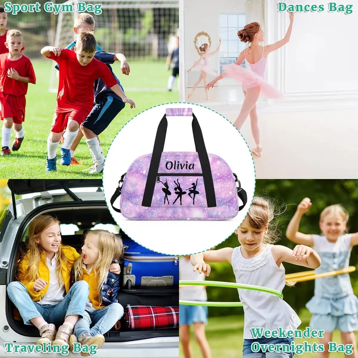 Personalized Kids Duffle Bag Dance Bag for Girls, Custom Sport Gym Bag with Name, Fit School Practice, or Overnight Weekender Travel Glitter Tie Dye