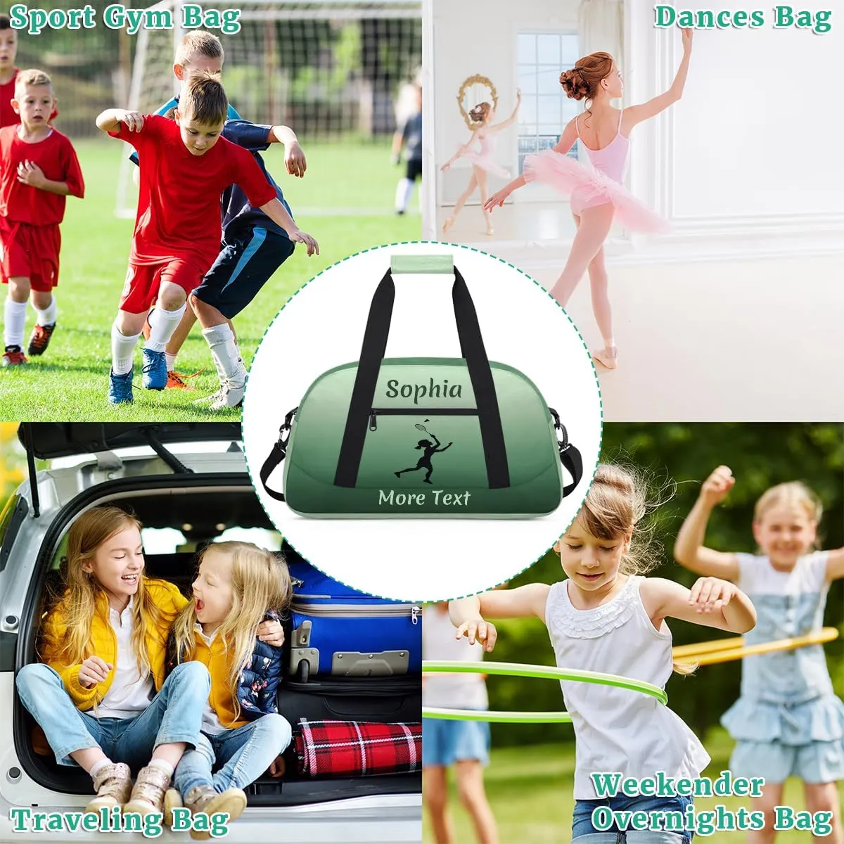 Personalized Kids Duffle Bag for Girls, Custom Sport Gym Bag with Name, Fit School Practice, or Overnight Weekender Travel Green Badminton
