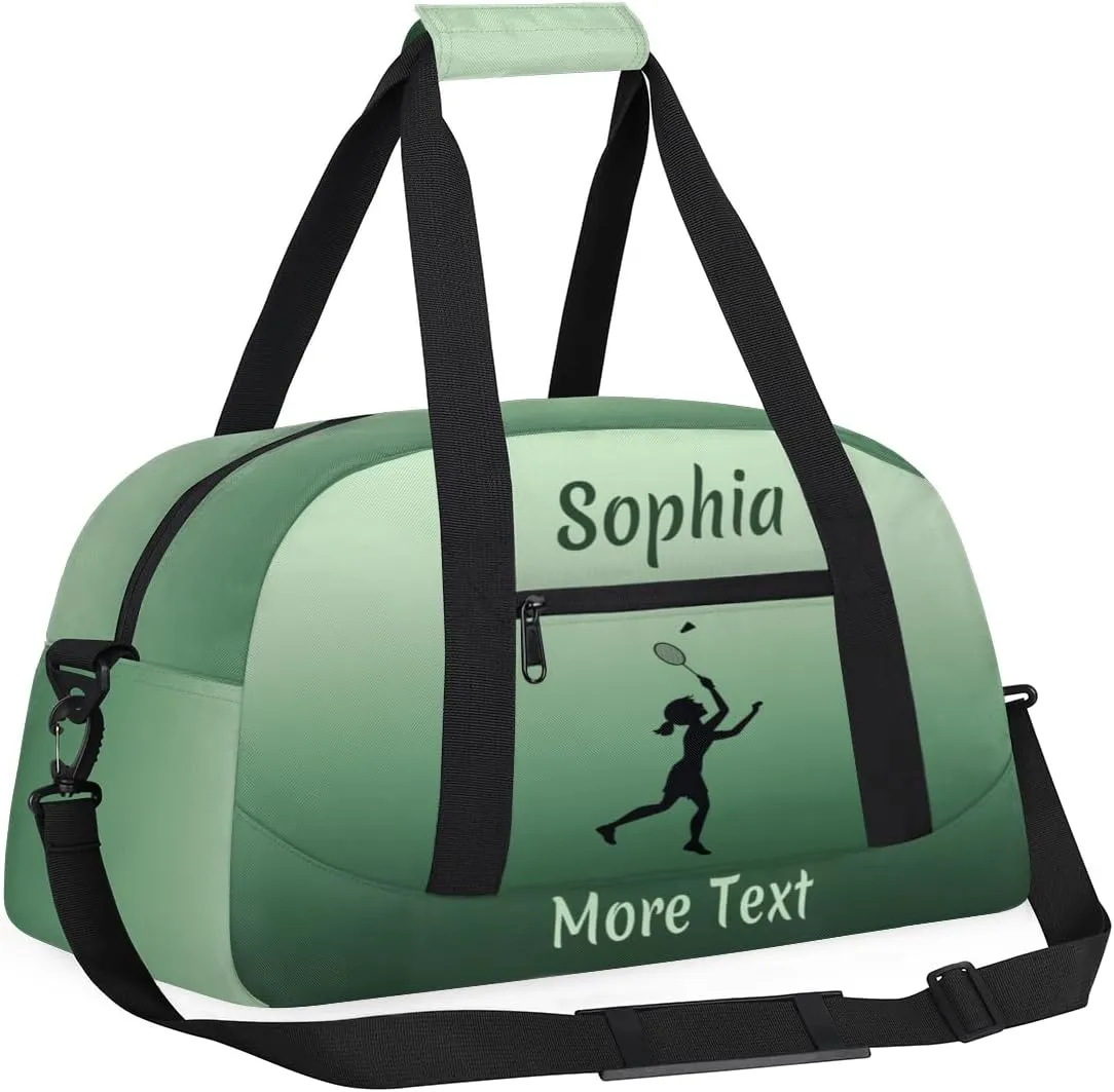 Personalized Kids Duffle Bag for Girls, Custom Sport Gym Bag with Name, Fit School Practice, or Overnight Weekender Travel Green Badminton