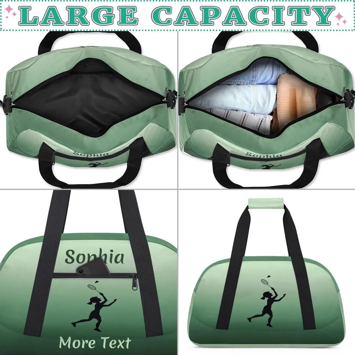Personalized Kids Duffle Bag for Girls, Custom Sport Gym Bag with Name, Fit School Practice, or Overnight Weekender Travel Green Badminton