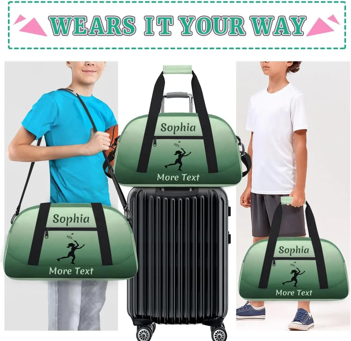 Personalized Kids Duffle Bag for Girls, Custom Sport Gym Bag with Name, Fit School Practice, or Overnight Weekender Travel Green Badminton