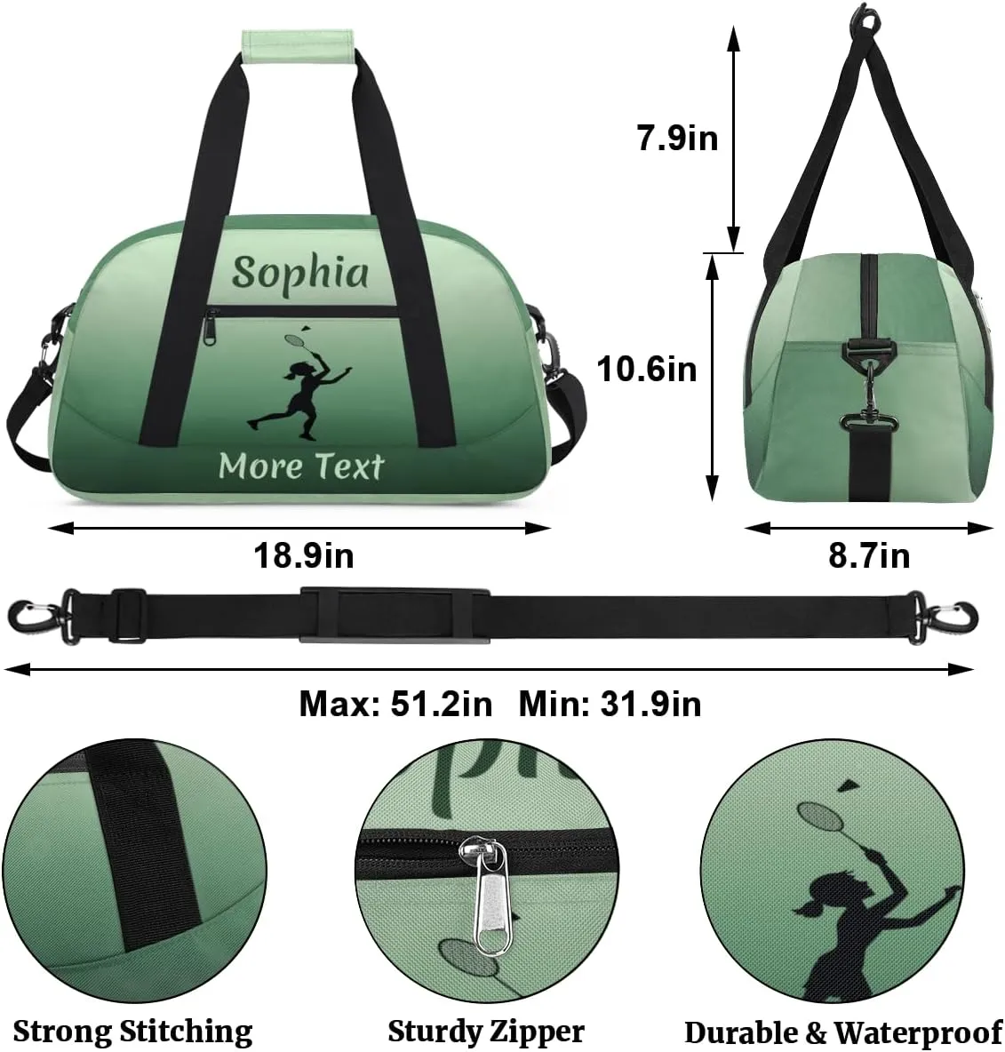 Personalized Kids Duffle Bag for Girls, Custom Sport Gym Bag with Name, Fit School Practice, or Overnight Weekender Travel Green Badminton