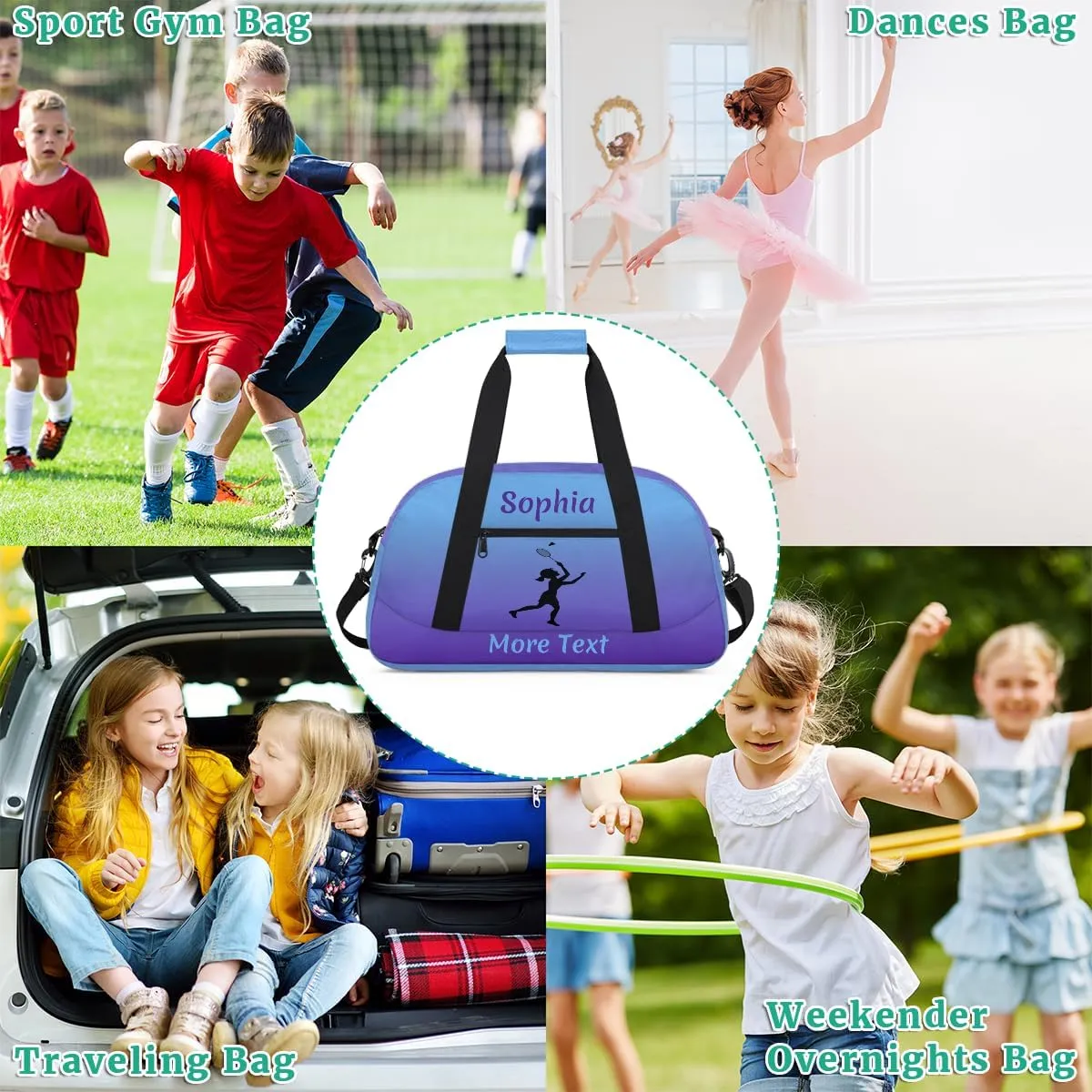 Personalized Kids Gym Bag for Girls Custom Name Sports Duffel Bag Weekender Overnight Travel Bags Purple Badminton Gifts