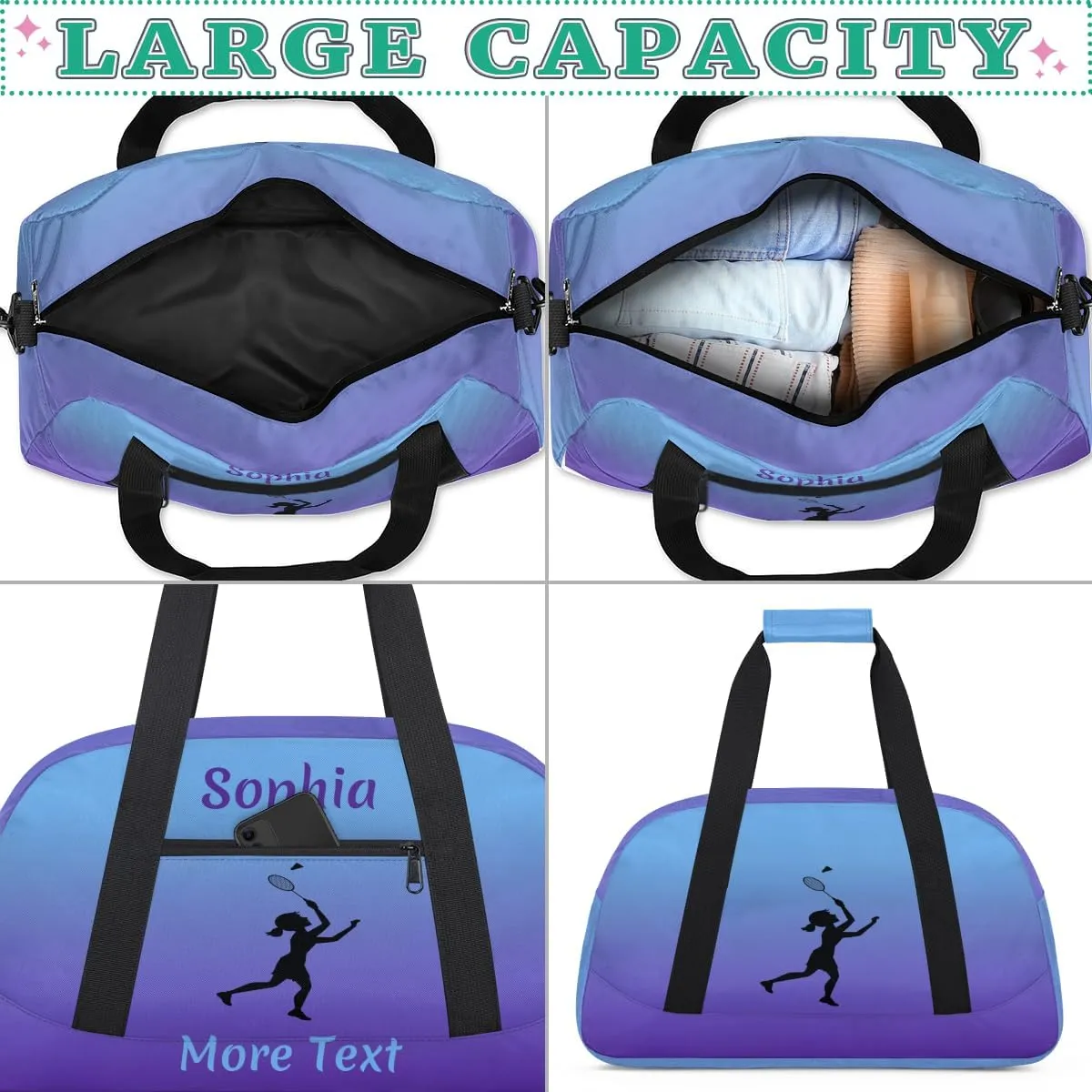 Personalized Kids Gym Bag for Girls Custom Name Sports Duffel Bag Weekender Overnight Travel Bags Purple Badminton Gifts