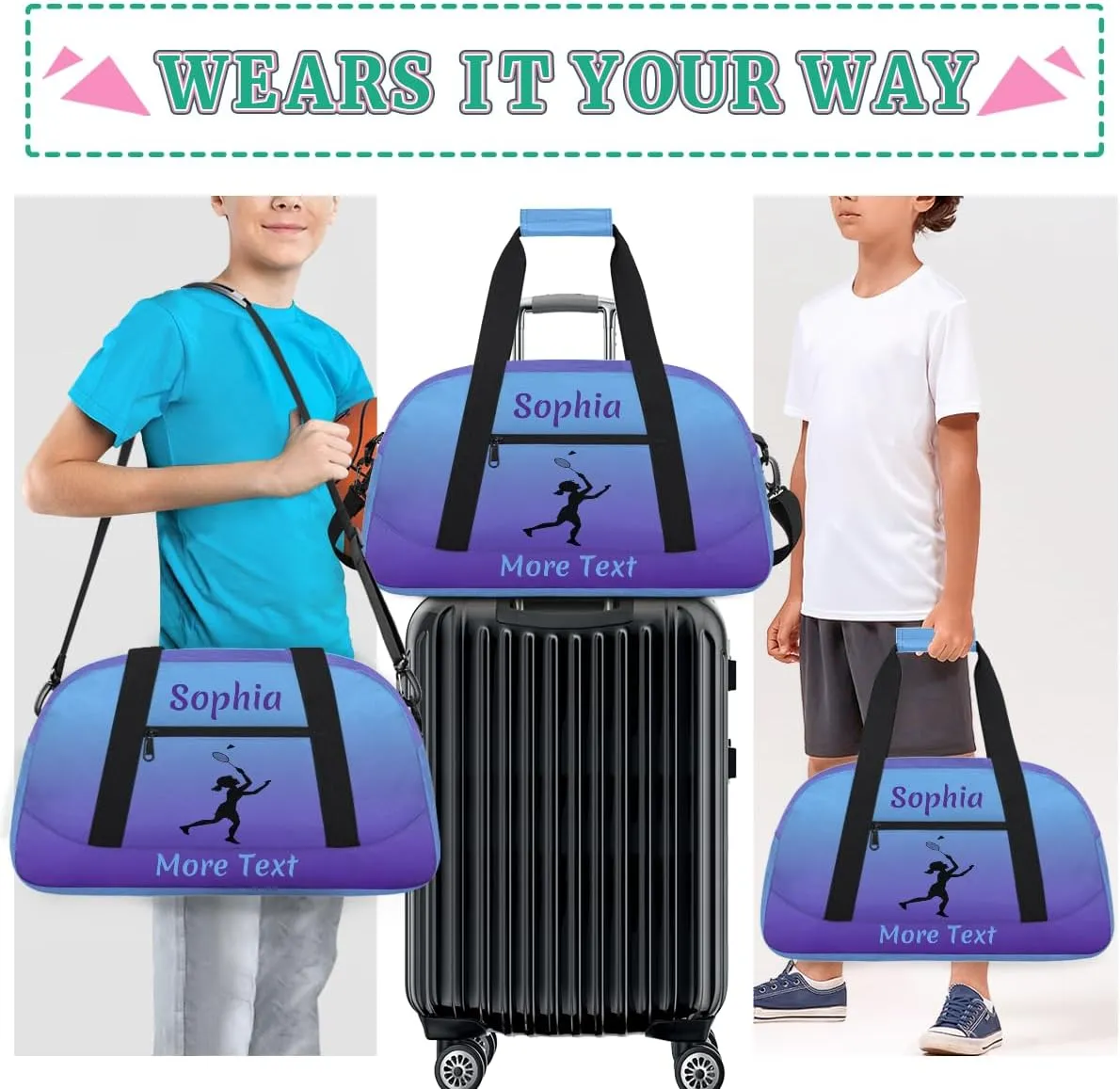 Personalized Kids Gym Bag for Girls Custom Name Sports Duffel Bag Weekender Overnight Travel Bags Purple Badminton Gifts
