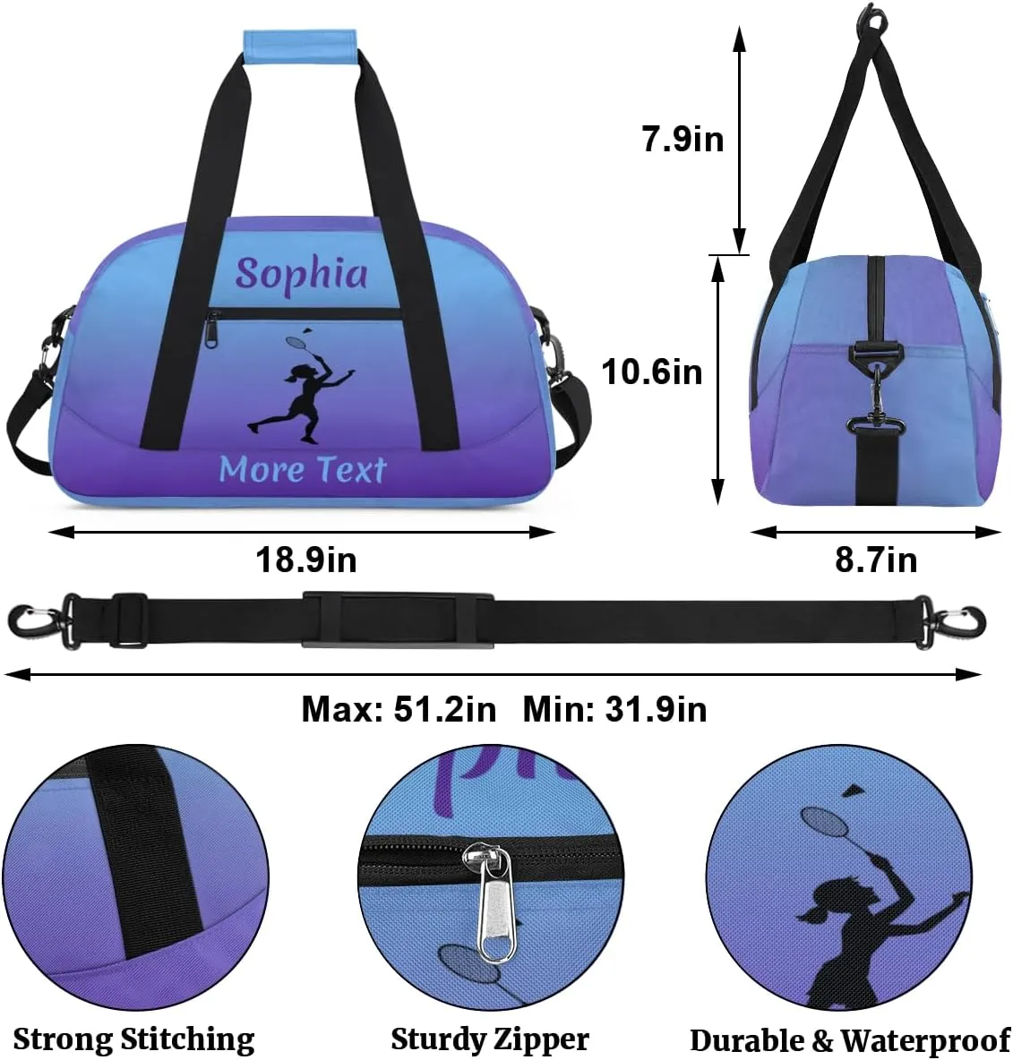 Personalized Kids Gym Bag for Girls Custom Name Sports Duffel Bag Weekender Overnight Travel Bags Purple Badminton Gifts