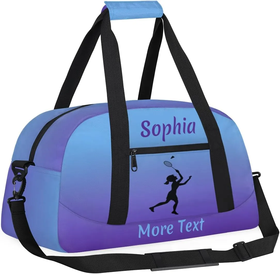 Personalized Kids Gym Bag for Girls Custom Name Sports Duffel Bag Weekender Overnight Travel Bags Purple Badminton Gifts