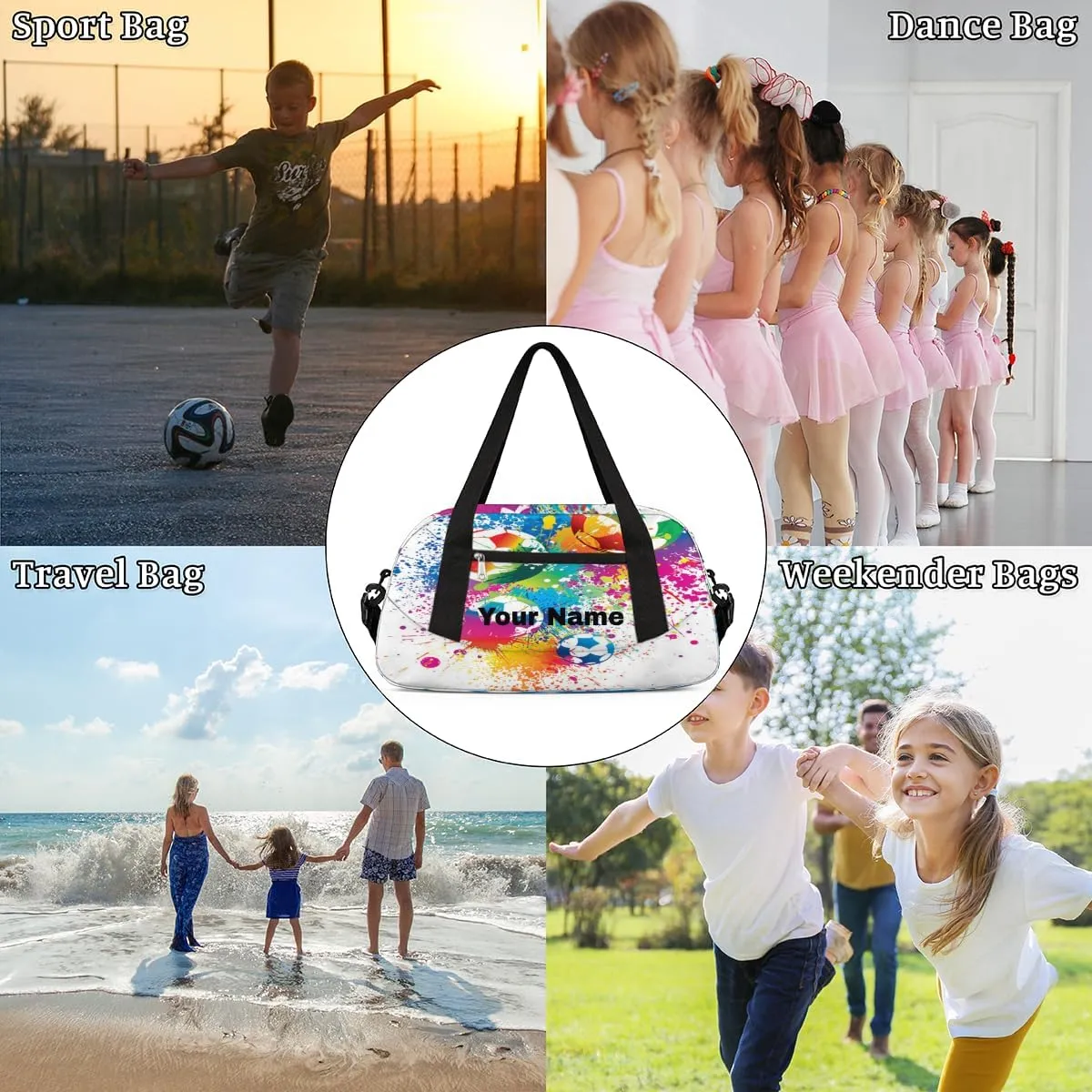 Personalized Kids Sport Duffel Bag Custom Name Weekender Overnight Bags for Boys Girls Teens Watercolor Soccer Gym Bag Carry On Workout Travel Bag