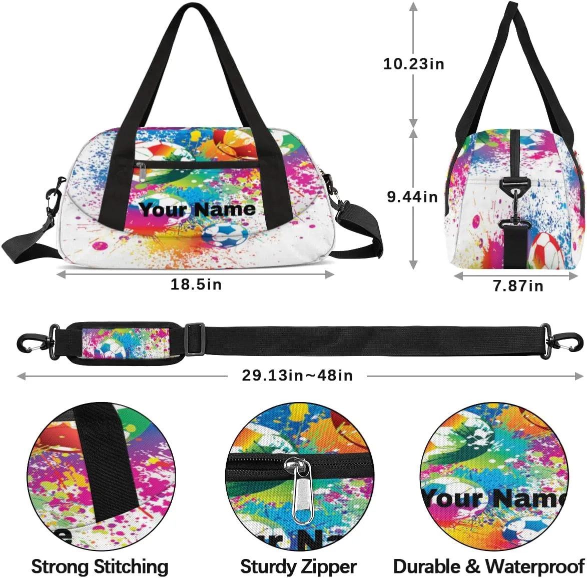Personalized Kids Sport Duffel Bag Custom Name Weekender Overnight Bags for Boys Girls Teens Watercolor Soccer Gym Bag Carry On Workout Travel Bag