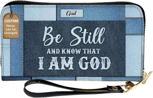 Personalized Leather Bible Clutch Wristlet Wallet for Women – Custom Name Christian Gifts, Ideal Religious Purse for Church, Mother’s Day Gift (Be Still I Am God)