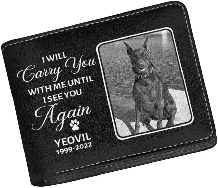 Personalized Leather Black and White Pet Face Wallet For Men Bifold Wallets with Name Date I Will Carry You With Me Unit I See You Again Sympathy Memorial Gift Personalized Gifts for Dog Lovers