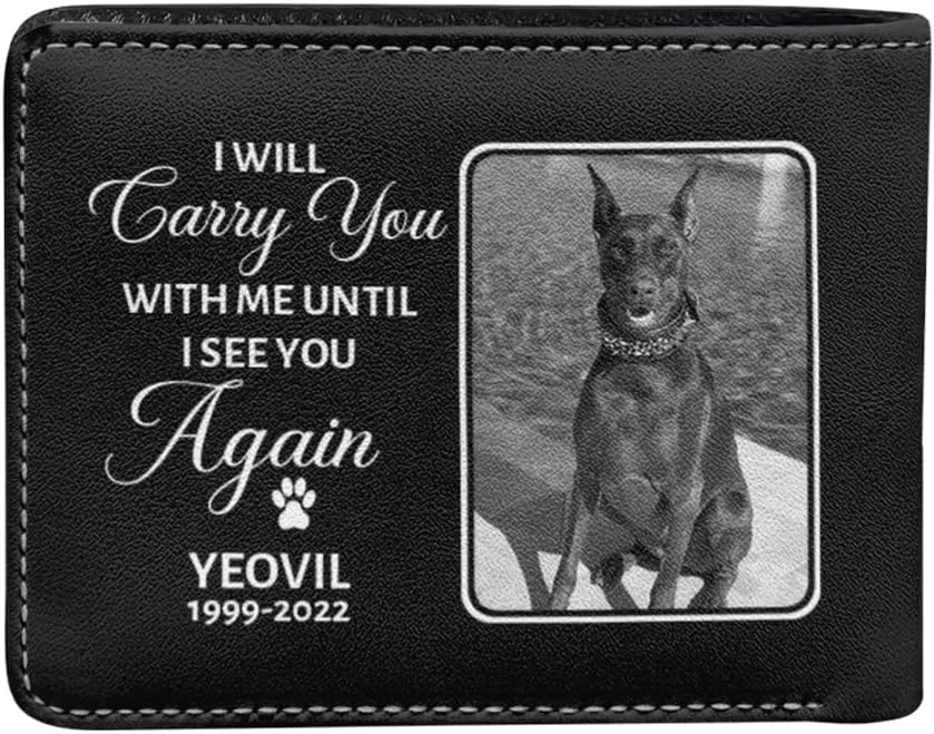 Personalized Leather Black and White Pet Face Wallet For Men Bifold Wallets with Name Date I Will Carry You With Me Unit I See You Again Sympathy Memorial Gift Personalized Gifts for Dog Lovers