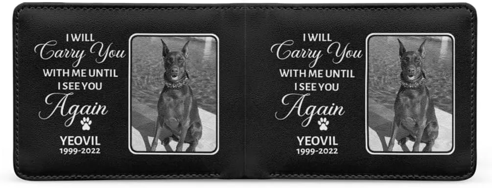 Personalized Leather Black and White Pet Face Wallet For Men Bifold Wallets with Name Date I Will Carry You With Me Unit I See You Again Sympathy Memorial Gift Personalized Gifts for Dog Lovers