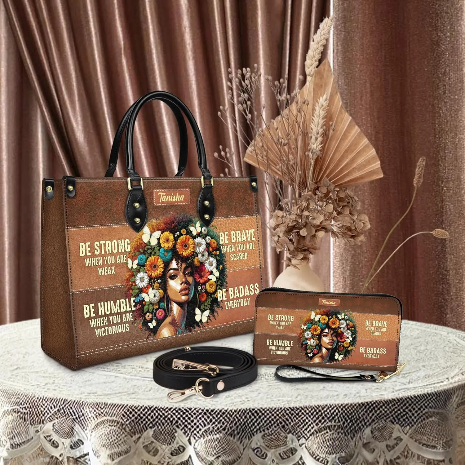 Personalized Leather Handbag For Black African Women – Matching Purse and Wallet Set – Mother's Day Gifts for Melanin Woman