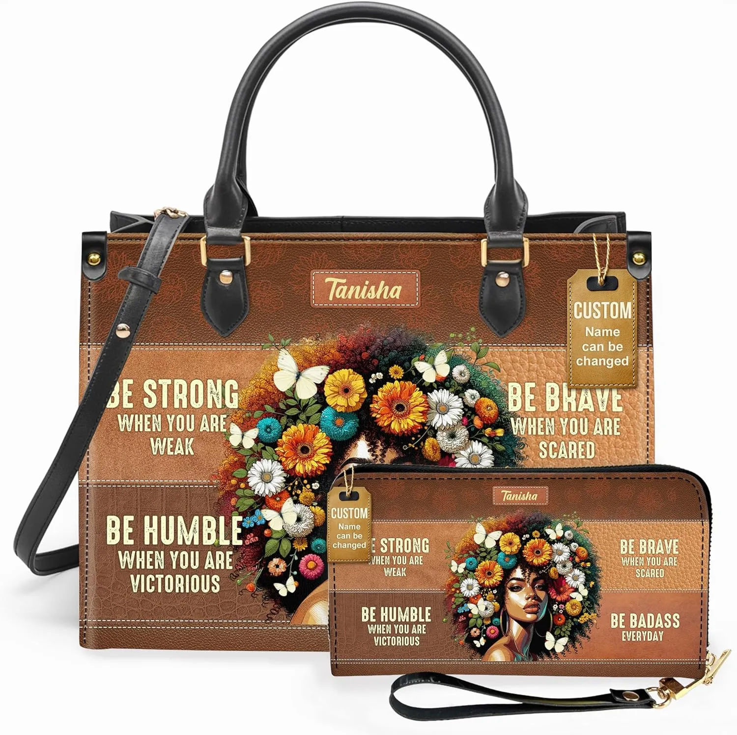 Personalized Leather Handbag For Black African Women – Matching Purse and Wallet Set – Mother's Day Gifts for Melanin Woman