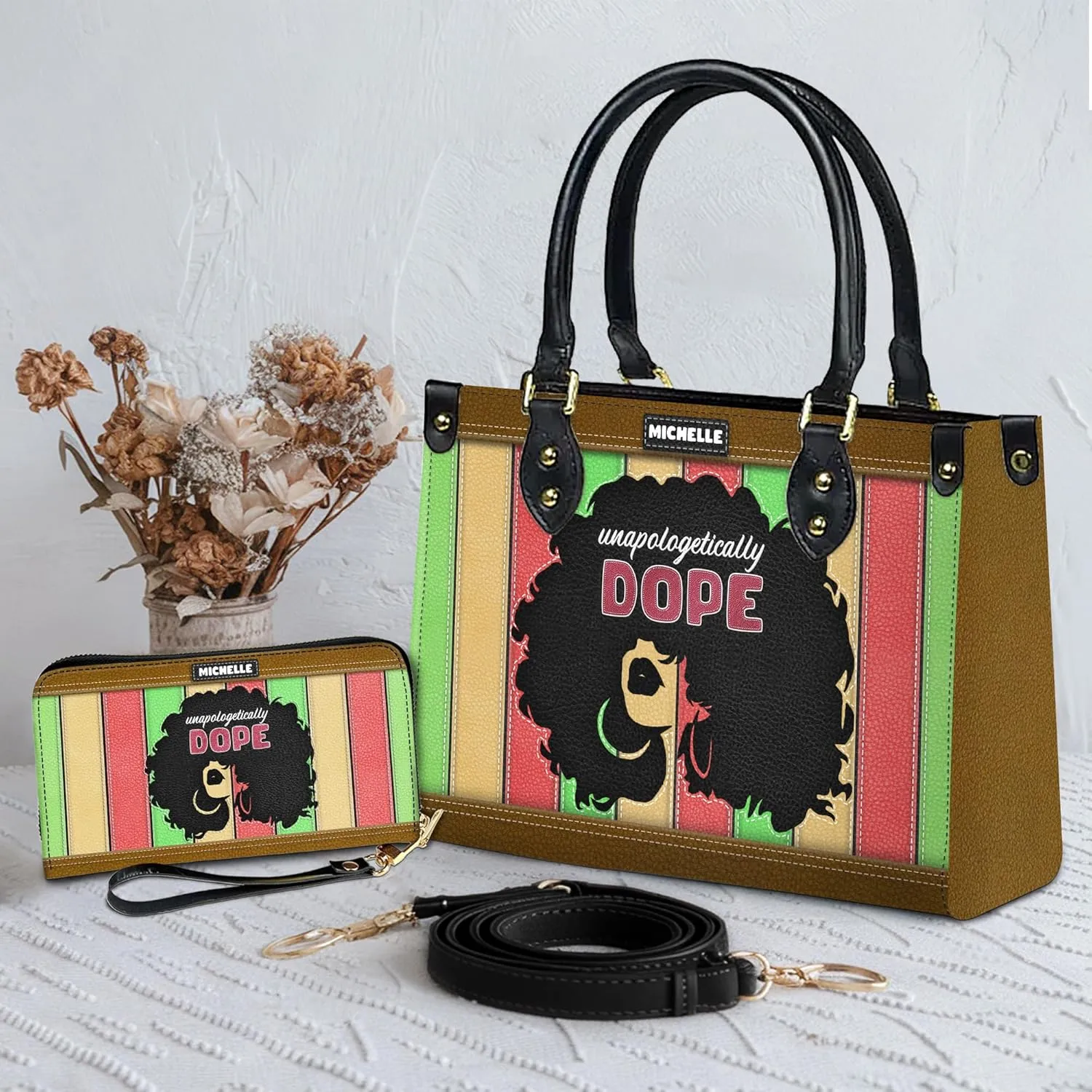 Personalized Leather Handbag For Black African Women – Matching Purse and Wallet Set – Mother's Day Gifts for Melanin Woman