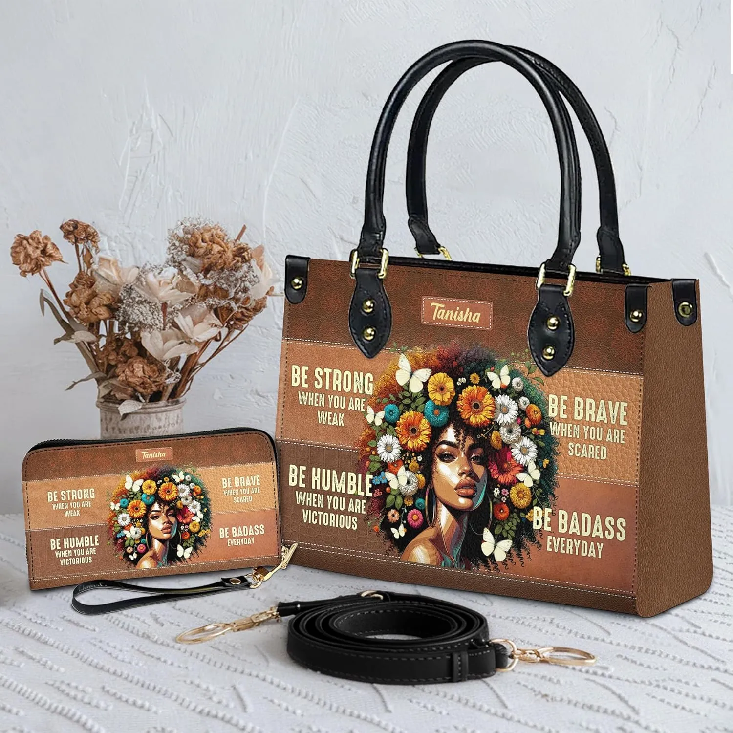 Personalized Leather Handbag For Black African Women – Matching Purse and Wallet Set – Mother's Day Gifts for Melanin Woman