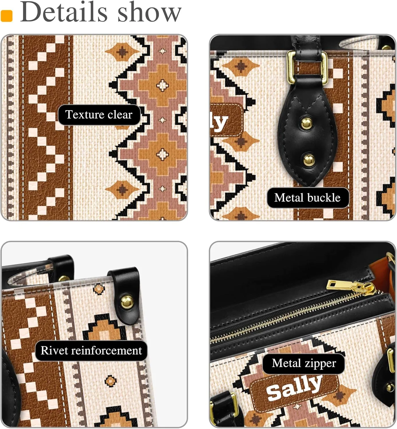 Personalized Leather Handbag for Women – Custom Boho Aztec Purse, Detachable Strap, Mother’s Day Gift