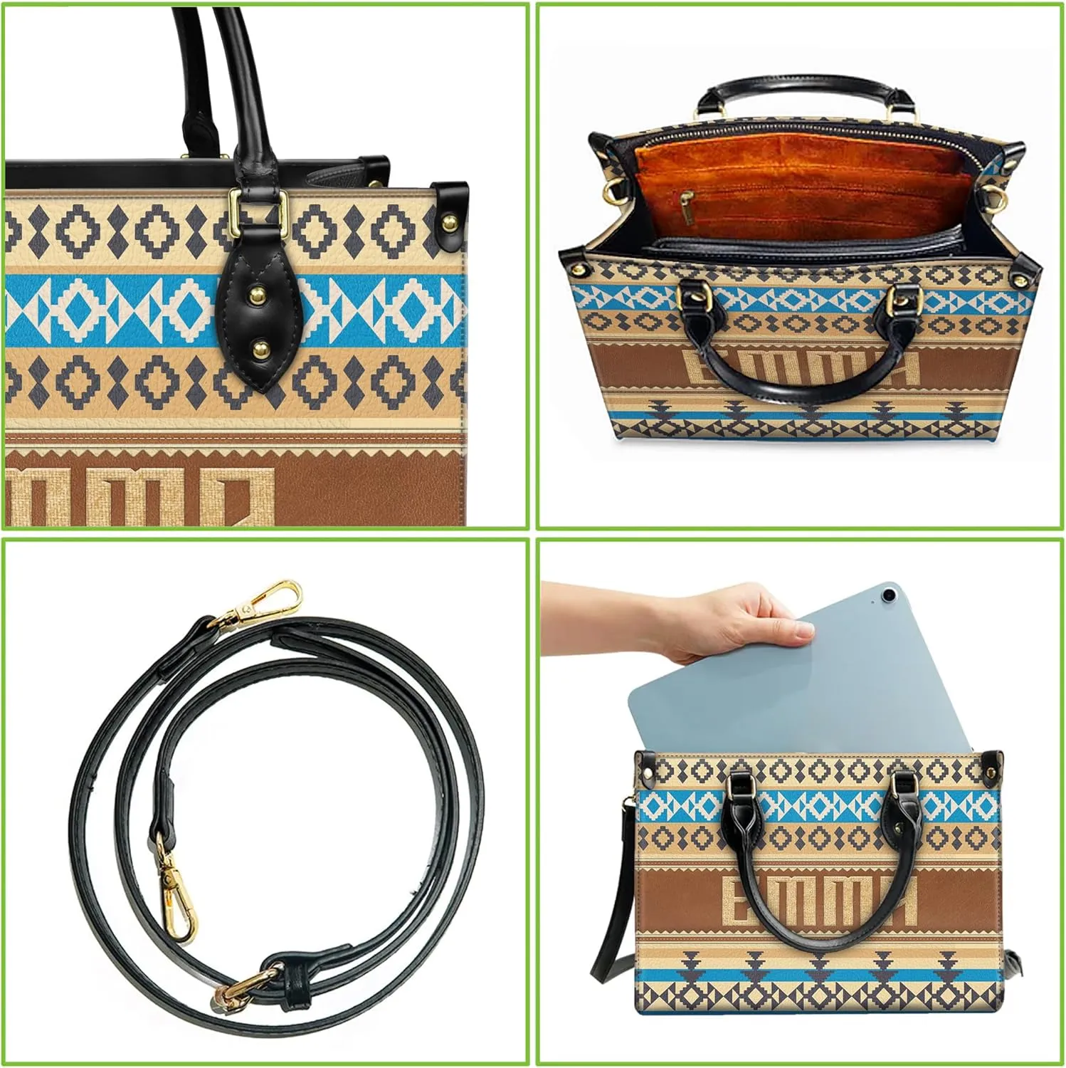 Personalized Leather Handbag for Women – Custom Boho Aztec Purse, Detachable Strap, Mother’s Day Gift