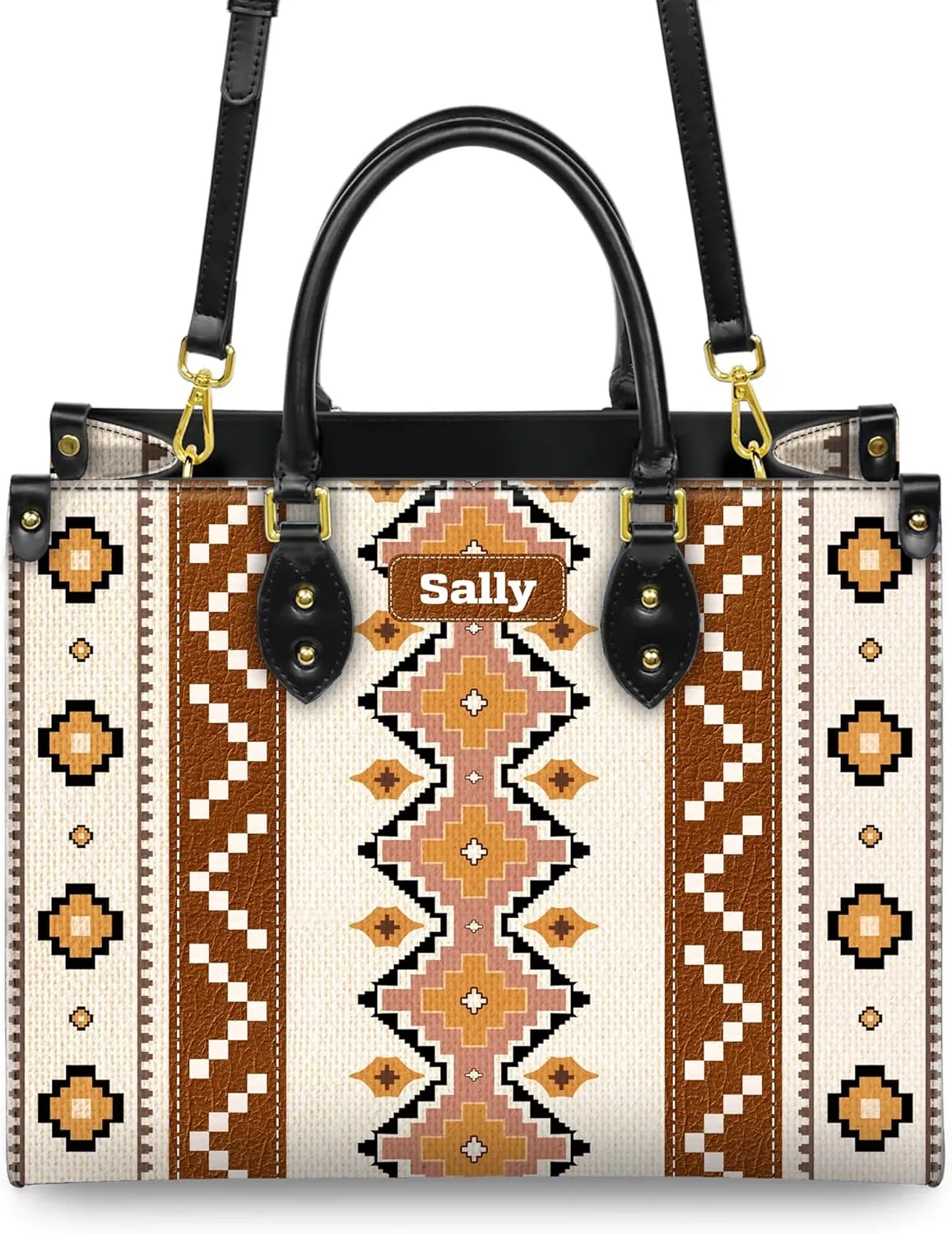 Personalized Leather Handbag for Women – Custom Boho Aztec Purse, Detachable Strap, Mother’s Day Gift