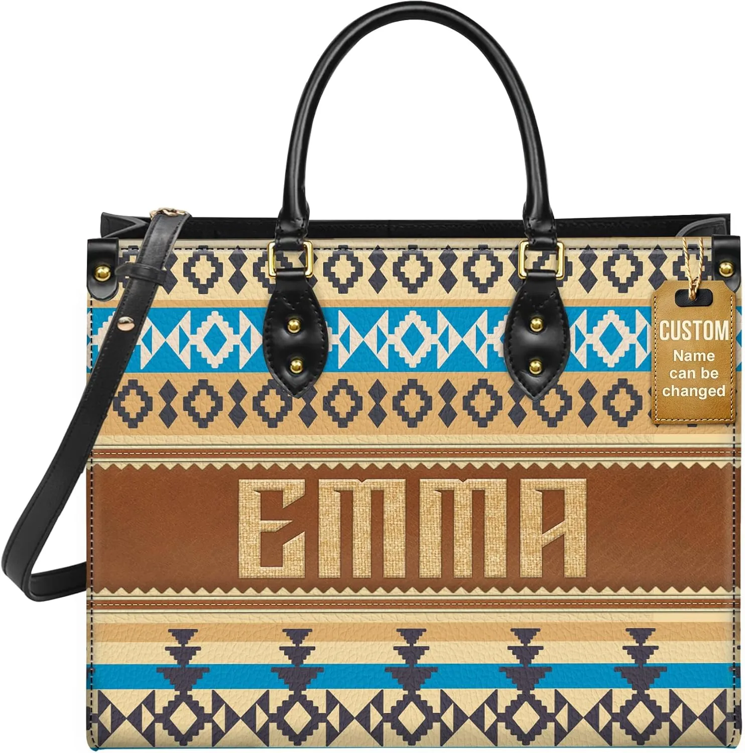 Personalized Leather Handbag for Women – Custom Boho Aztec Purse, Detachable Strap, Mother’s Day Gift