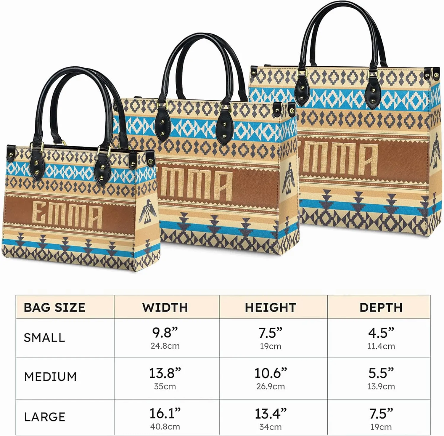 Personalized Leather Handbag for Women – Custom Boho Aztec Purse, Detachable Strap, Mother’s Day Gift