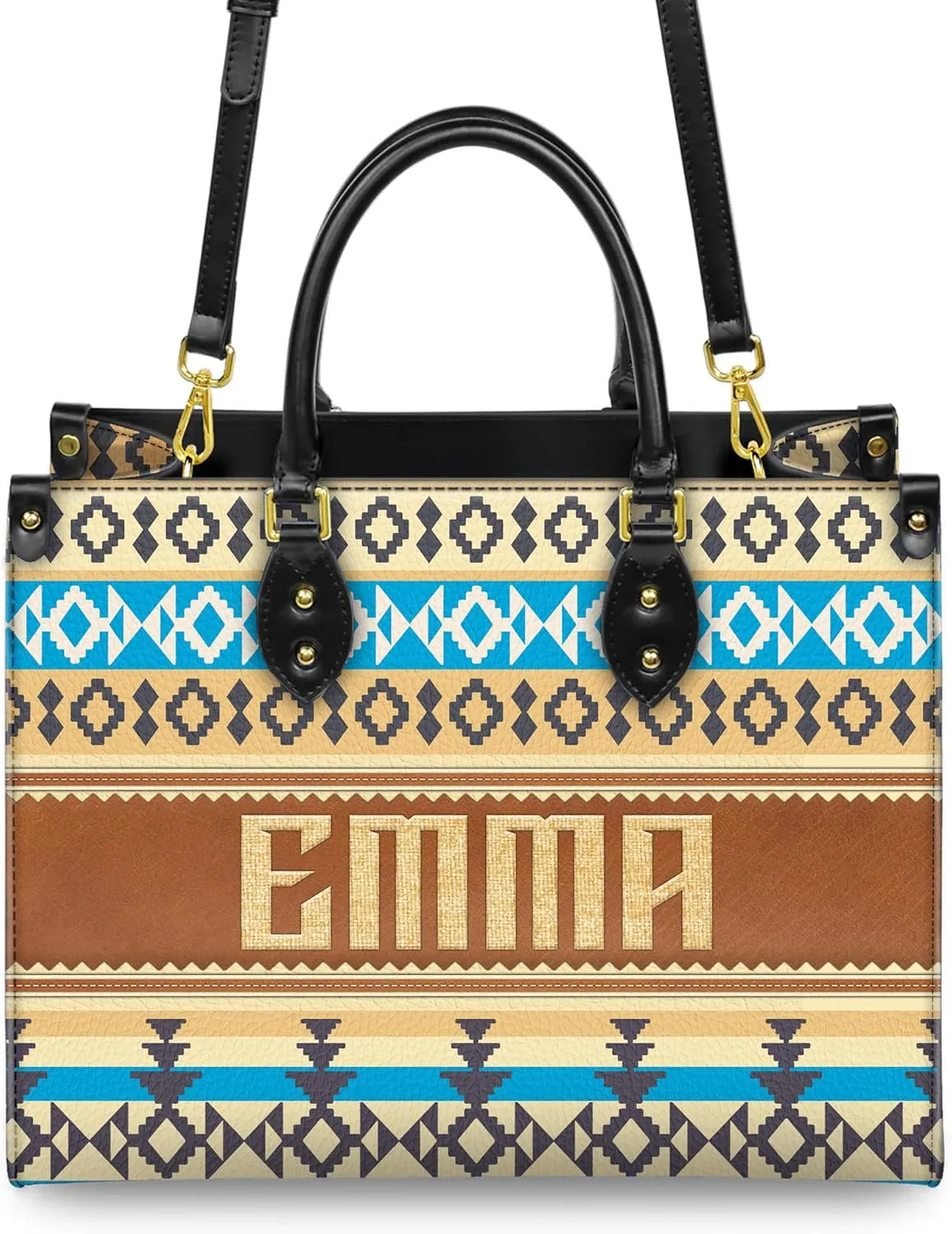 Personalized Leather Handbag for Women – Custom Boho Aztec Purse, Detachable Strap, Mother’s Day Gift