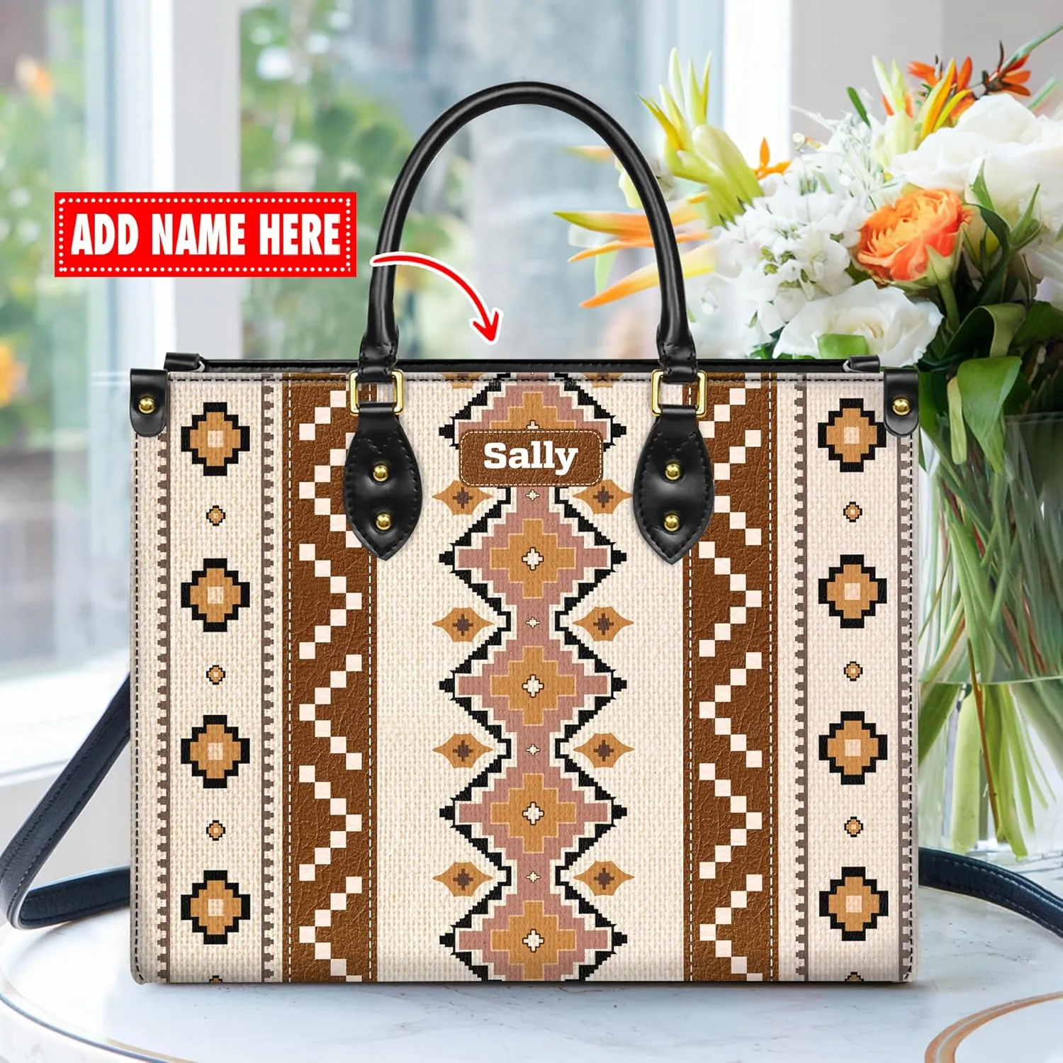 Personalized Leather Handbag for Women – Custom Boho Aztec Purse, Detachable Strap, Mother’s Day Gift